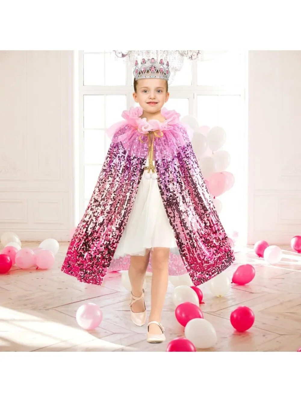 Mermaid Princess Dress Up Cape with Crown Costume Set for Girls Ages 3-8- Red